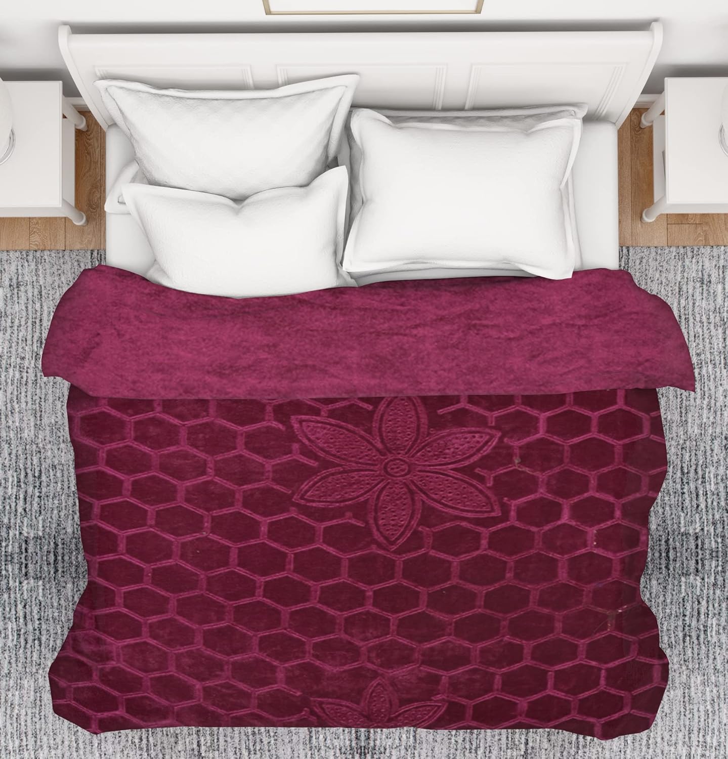 BENAVJI Mink Floral Embossed Super Soft AC Bed Velvet for Winter Blanket (Single, Burgundy)