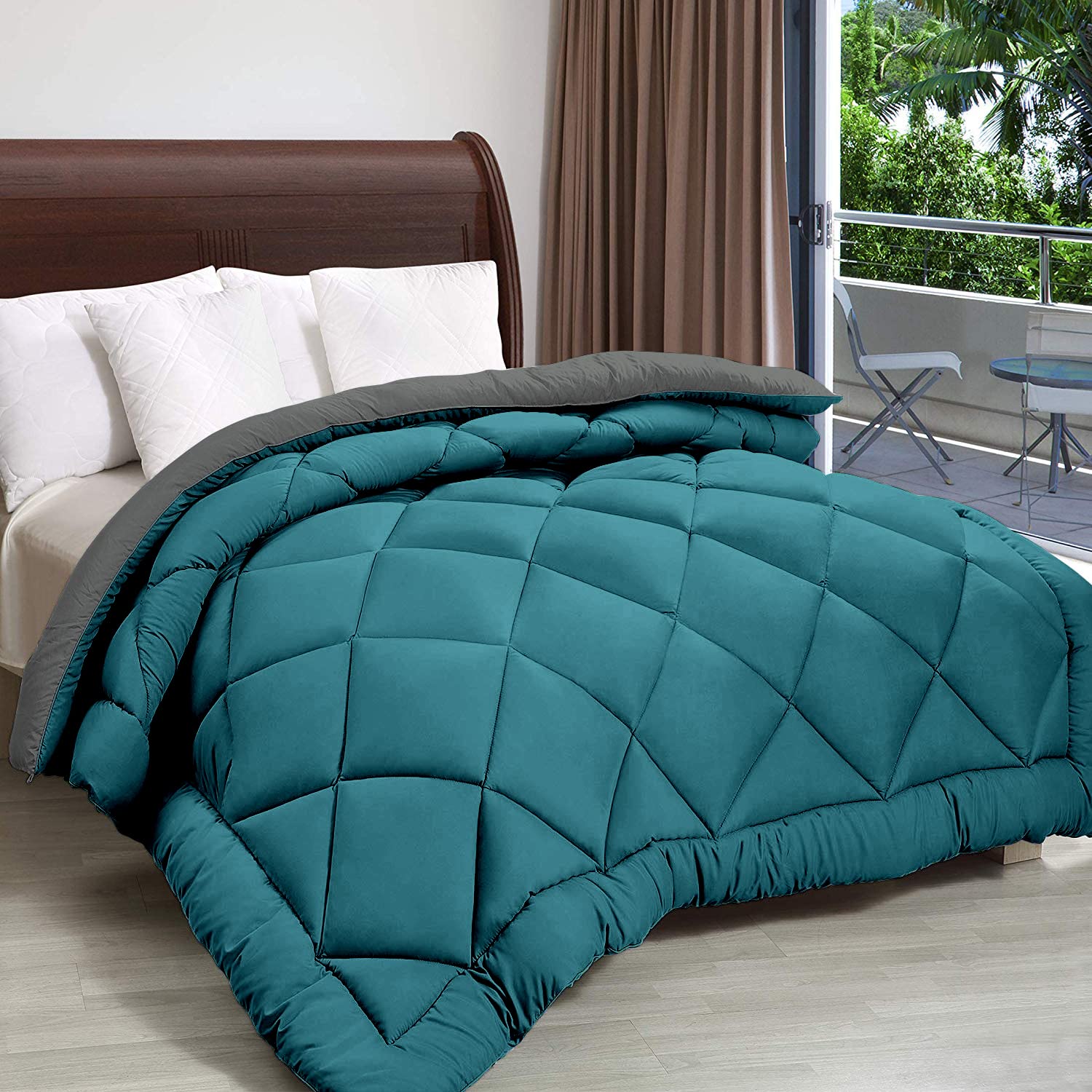 Cloth Fusion Reversible AC Comforter Set Double Bed 220 GSM,Soft Microfibre King Size Quilt Blanket for Winter(90x100 inches, Teal & Light Grey)
